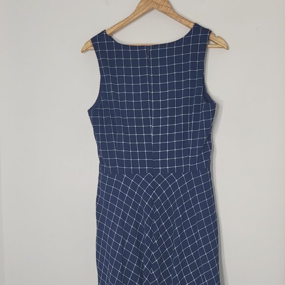Eliza J Women's Navy Blue White Plaid Sleeveless Belted Back Zip Shift Dress 12 - Picture 2 of 11
